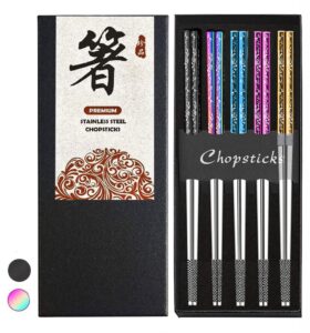 metal chopsticks with case stainless steel chopsticks titanium plated reusable chopstick lightweight engraved non-slip 18/10 korean japanese chinese chopstick,dishwasher safe 5 pairs set(bj-multi05)