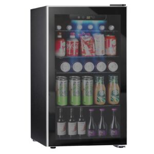 kndko mini beverage refrigerator and cooler - 130 can mini fridge with glass door, digital temperature control, led light, reversible door, perfect for home, office, bar, and game room - 3.2 cu.ft