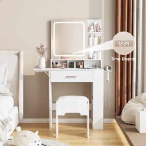 Fameill Vanity Desk with Mirror and Lights, Small Makeup Vanity with Drawer & Lots Storage Shelves, White Vanity Table with Charging Station & Time Display, Vanity Set with Chair, for Bedroom