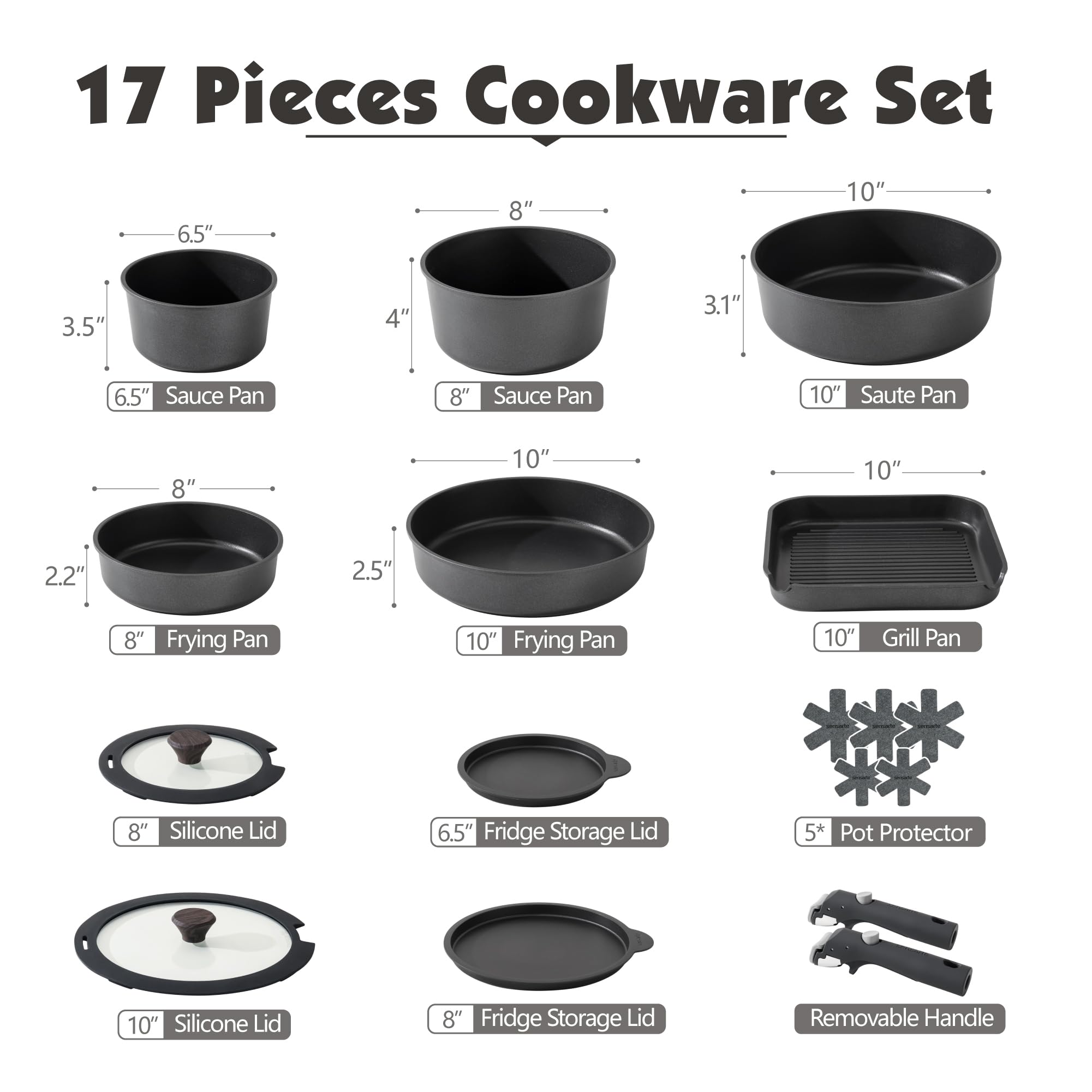 SENSARTE 17 Piece Pots and Pans Set, Nonstick Detachable Handle Cookware, Induction Kitchen Cookware Set with Removable Handle, Healthy Non Stick RV Cookware, Dishwasher ＆ Oven Safe, PFOA Free (Black)