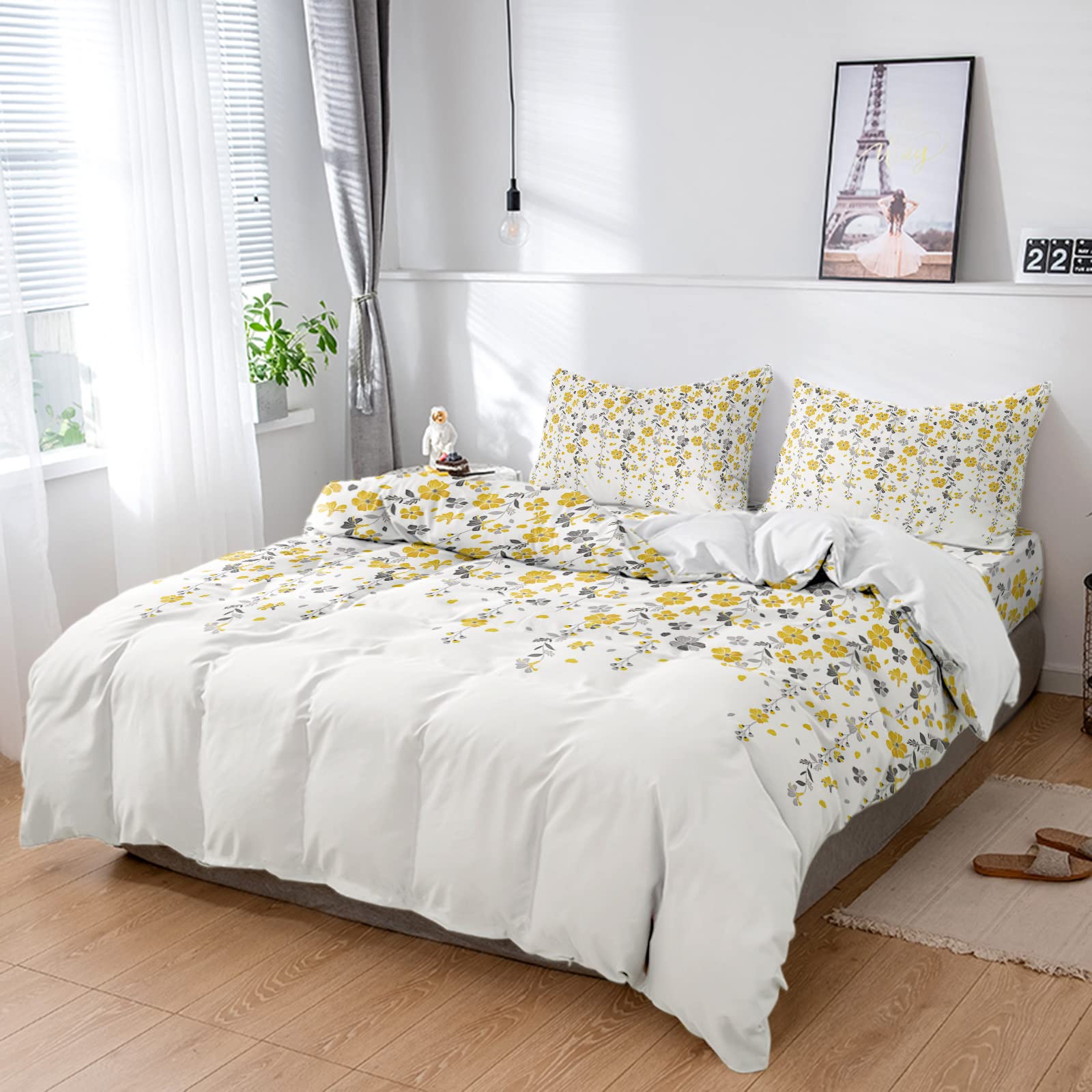 Autumn Yellow Weeping Floral White Back Duvet Cover Sets 4 Piece California King Ultra Soft Bed Quilt Cover Set for Kids/Teens/Women/Men,Gray Flower Vine Leaf Bedding Collection All Season Use