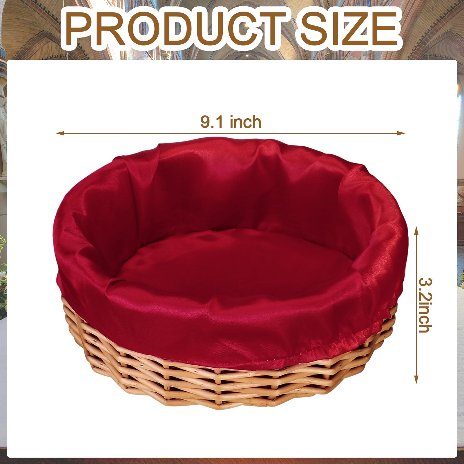 Hushee 3 Pack 9.1 Inch Round Offering Baskets for Church Wicker Offering Basket with Removable Liner Church Rattan Basket Bowls Wicker Woven Bread Basket for Church Receiving Gift(Red Liner)