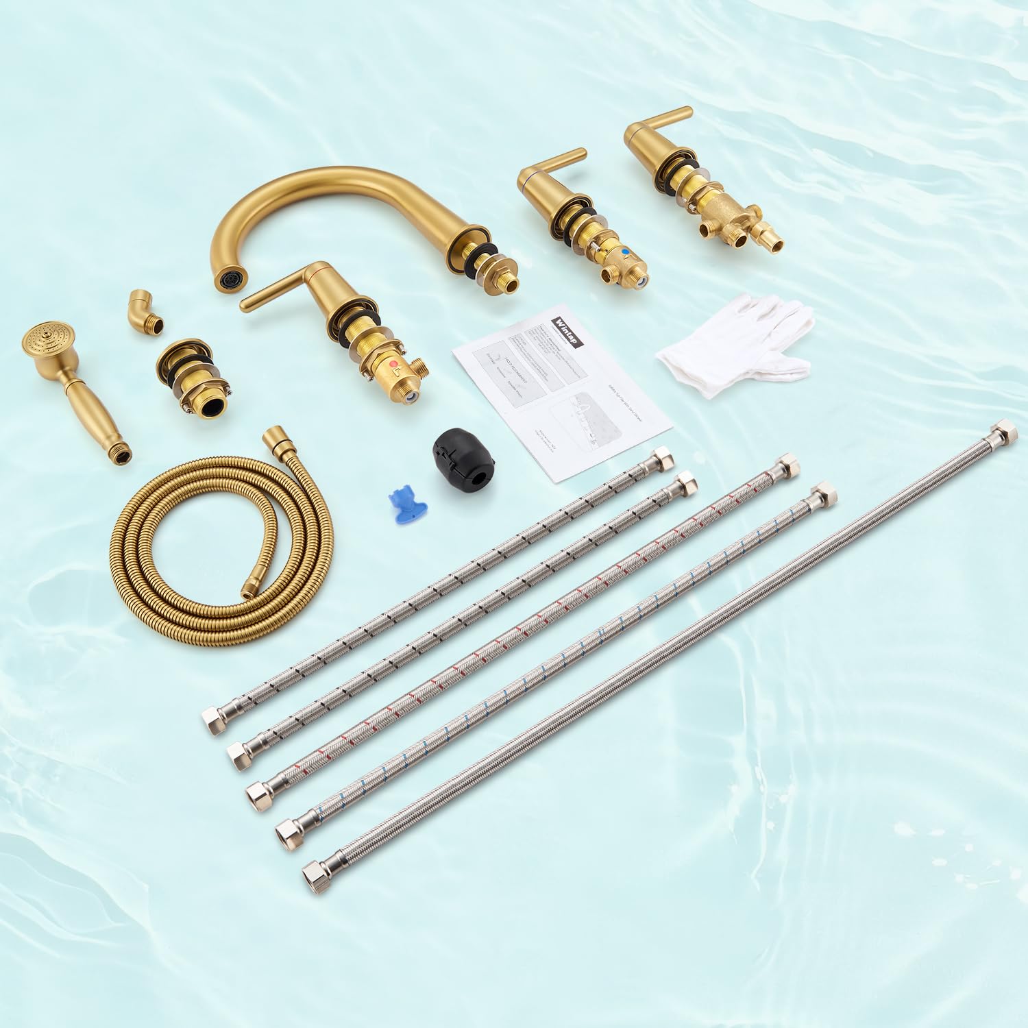 Wintap Roman Tub Faucet with Sprayer, 5 Hole Widespread Deck Mount Bathtub Faucet with Valve Classic High Arch Gooseneck Bath Tub Faucet Set with Diverter High Flow Tub Filler Brushed Gold WT-9809BG