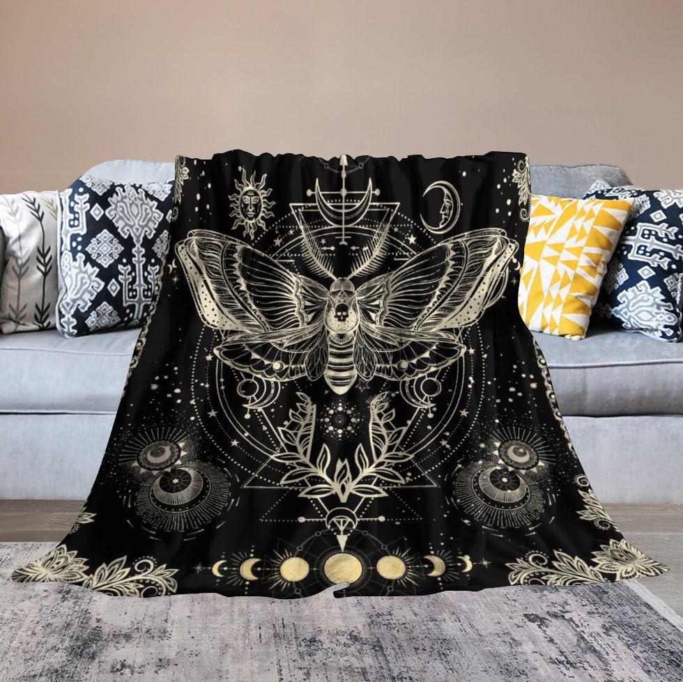 Abstract Moth Florals Flannel Blanket Abstract Gothic Magic Moon Stars Flower Aesthetic Throw Blanket for Kids Girls Teens Bedroom Decor Abstract Magic Florals for Bed Sofa Couch Travel Gift W40"xL50"