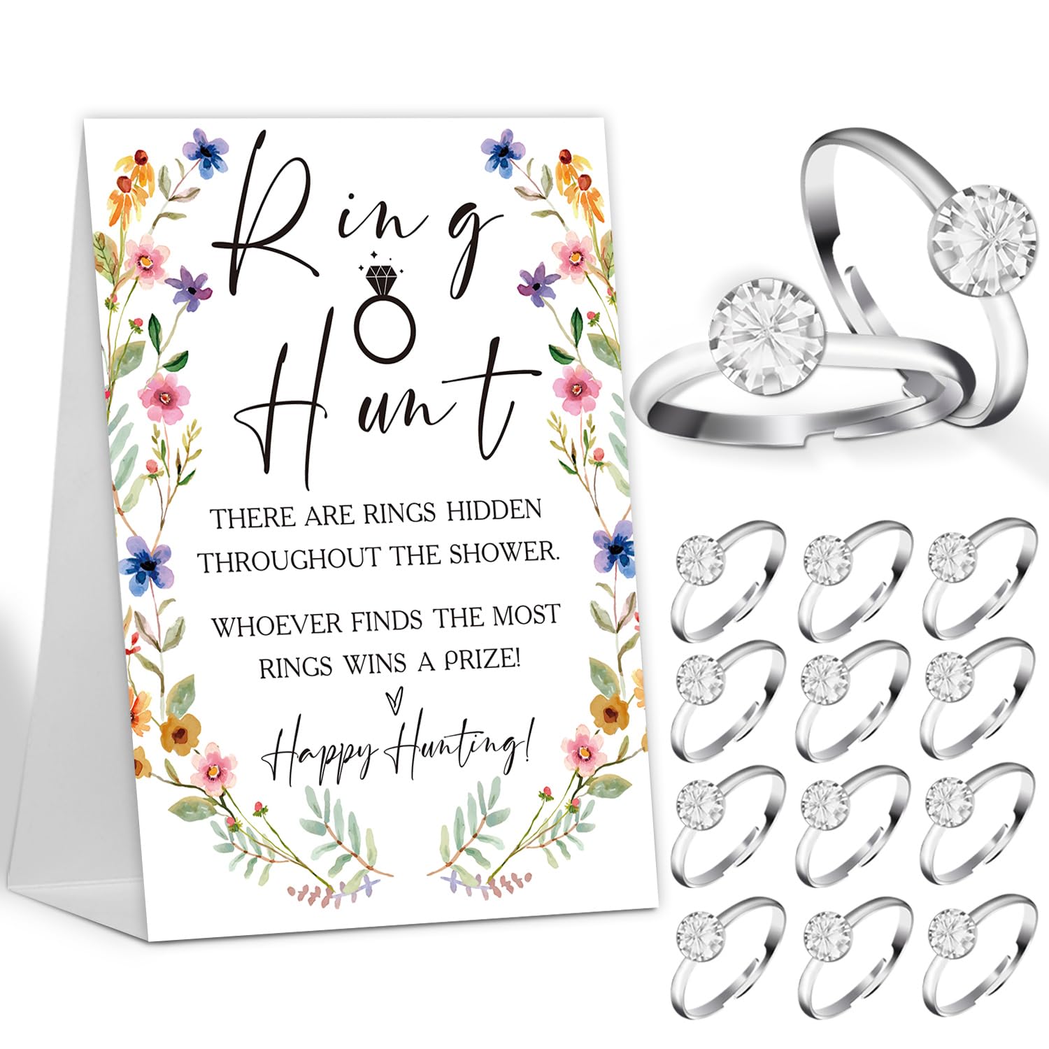 The Ring Hunt Game, Boho Floral Bridal Shower Games with Rings-One Sign and 30 Rings, Bridal Shower and Wedding Shower Games for Guests, Engagement Party Game, Bridal Shower Decorations-LS7