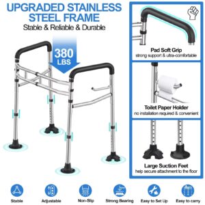 UGarden FSA/HSA Eligible Toilet Safety Rail, 380LB Stainless Steel Toilet Frame with Padded Handles&Paper Holder, Adjustable Detachable Handicap Toilet Rails, Foldable Toilet Support Frame for Elderly