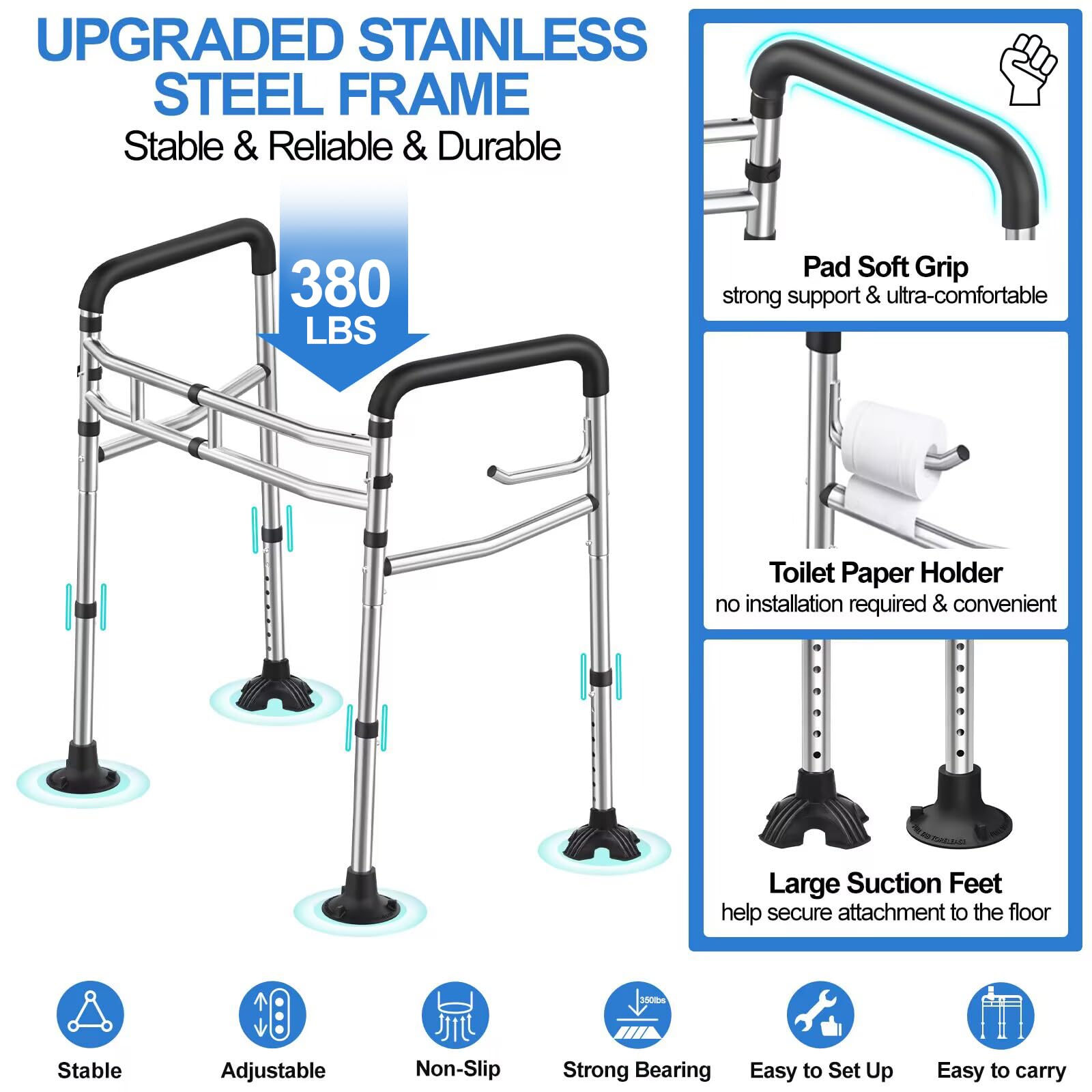 UGarden FSA/HSA Eligible Toilet Safety Rail, 380LB Stainless Steel Toilet Frame with Padded Handles&Paper Holder, Adjustable Detachable Handicap Toilet Rails, Foldable Toilet Support Frame for Elderly