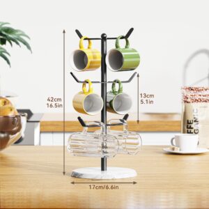 bussdis Mug Holder with Marble Base : Cup Tree with 6 Hooks - Natural Marble Base for Decor and Storage - for Coffee Tea Cup