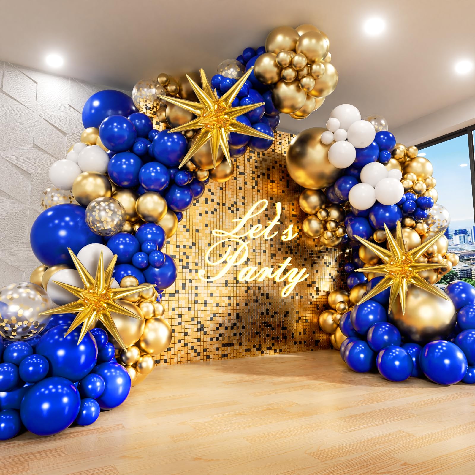 FOTIOMRG 136pcs Royal Blue and Gold Balloons Arch Garland Kit with Star Foil Balloons, 5 10 12 18 inch Navy Blue White and Gold Balloon for Anniversary Wedding New Year Birthday Party Decorations