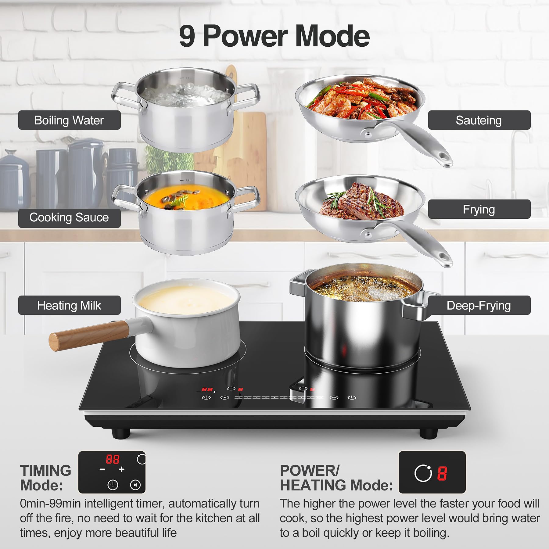 VBGK Double Induction Cooktop, 24 inch 4000W Induction stove top with hot plate,Electric cooktop with LCD Touch Screen 9 Levels Settings with Child Safety Lock & Timer 110V Induction cooktop 2 burner