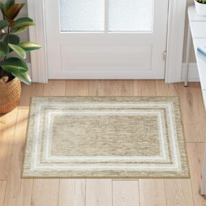 Sungea Bordered Indoor Door Mat 2x3,Non-Slip Machine Washable Entryway Rug,Low-Pile Faux Wool Super Soft Front Door Rug,Foldable Area Rugs for Bathroom Stair(Tan)