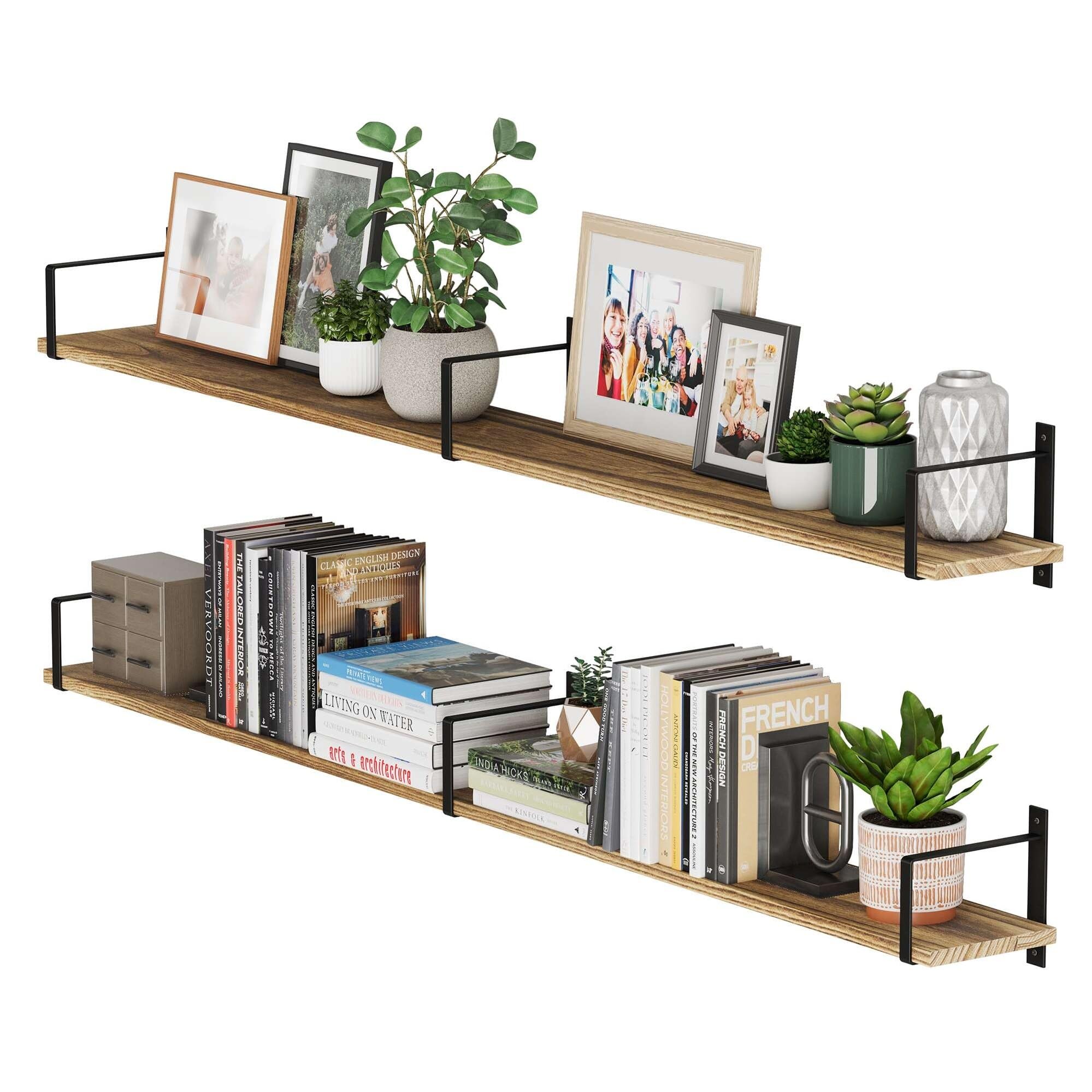 60"x6" Wood Floating Shelves Wall Bookshelf Rustic Shelf (Set of 2) Brown Farmhouse Finish Includes Hardware