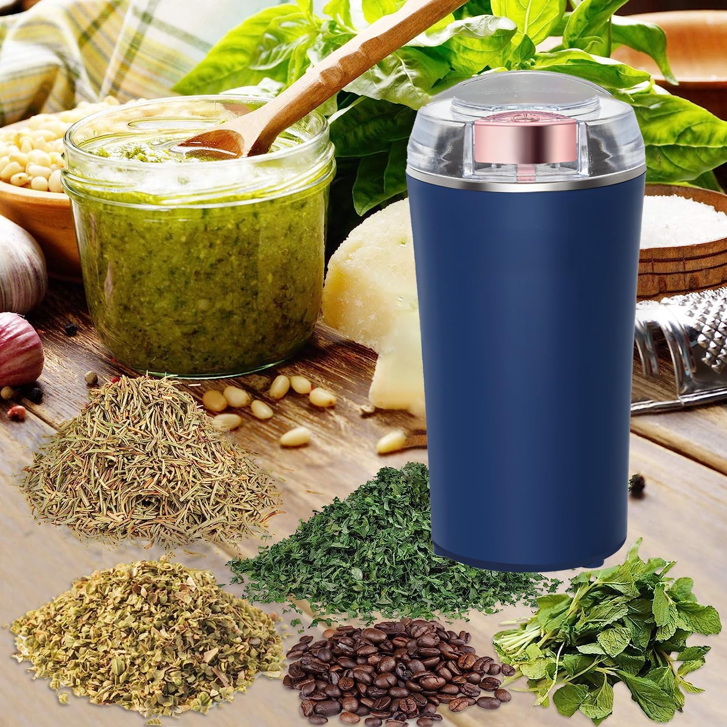 Electric Herb Grinder 200W Powerful Fast Grinding for Dry Spices Flower Buds with Brush, Easy On/Off One-Touch Push Button Powder Grinder Perfect For Herbs, Spices, Nuts, Grains and Coffee Beans