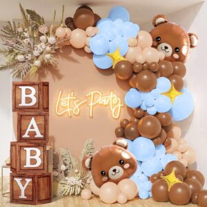 117 Teddy Bear Baby Shower Decorations for Boy Birthday Supplies Brown Blue Balloon Garland Kit Wood Grain Boxes with Letters Bearly Wait Backdrop Bear Theme Baby Shower Decor