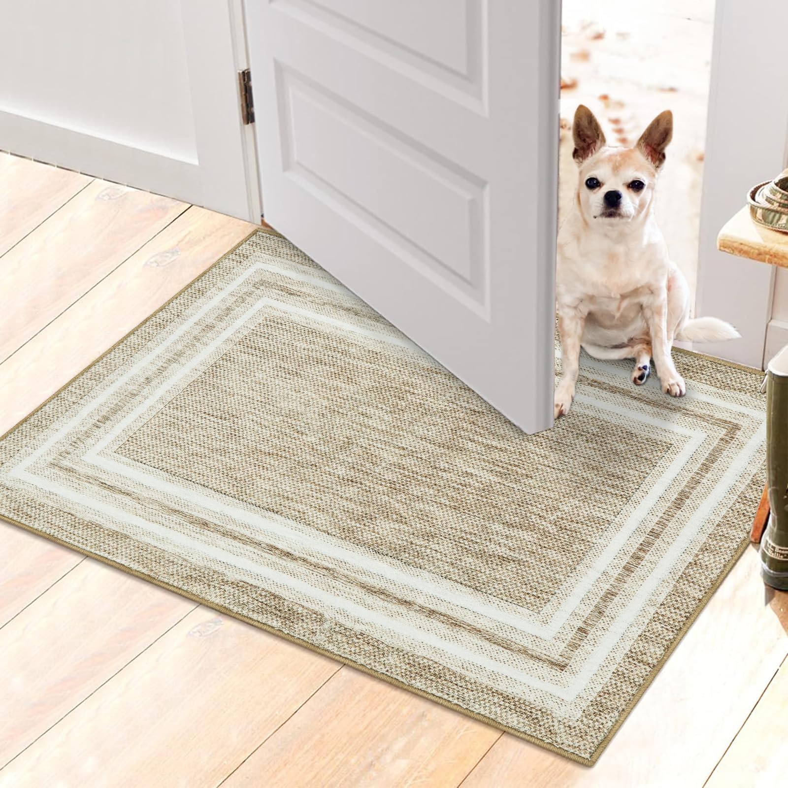 Sungea Bordered Indoor Door Mat 2x3,Non-Slip Machine Washable Entryway Rug,Low-Pile Faux Wool Super Soft Front Door Rug,Foldable Area Rugs for Bathroom Stair(Tan)