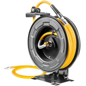 airzilla steel retractable air hose reel 3/8" inch x 50' feet hybrid polymer hose, heavy duty air hose reel included auto rewind reel | quick air coupler | heavy duty steel frame