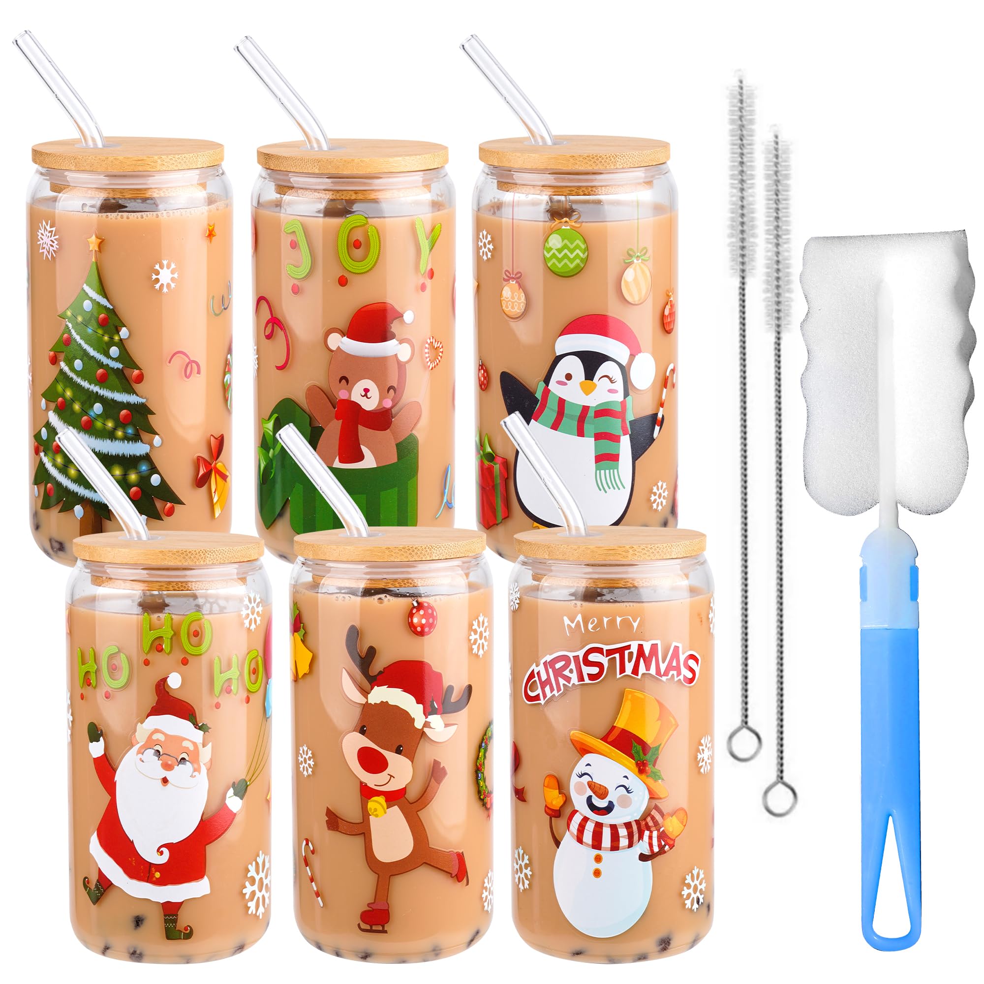 6 Pieces Christmas Can Glass 16oz Coffee Glass Cup with Bamboo Lid and Straw Santa Claus, Elk, Christmas Tree Can Glass for for Water, Juice, Milk, Beer, Whiskey, Vodka and Christmas Party