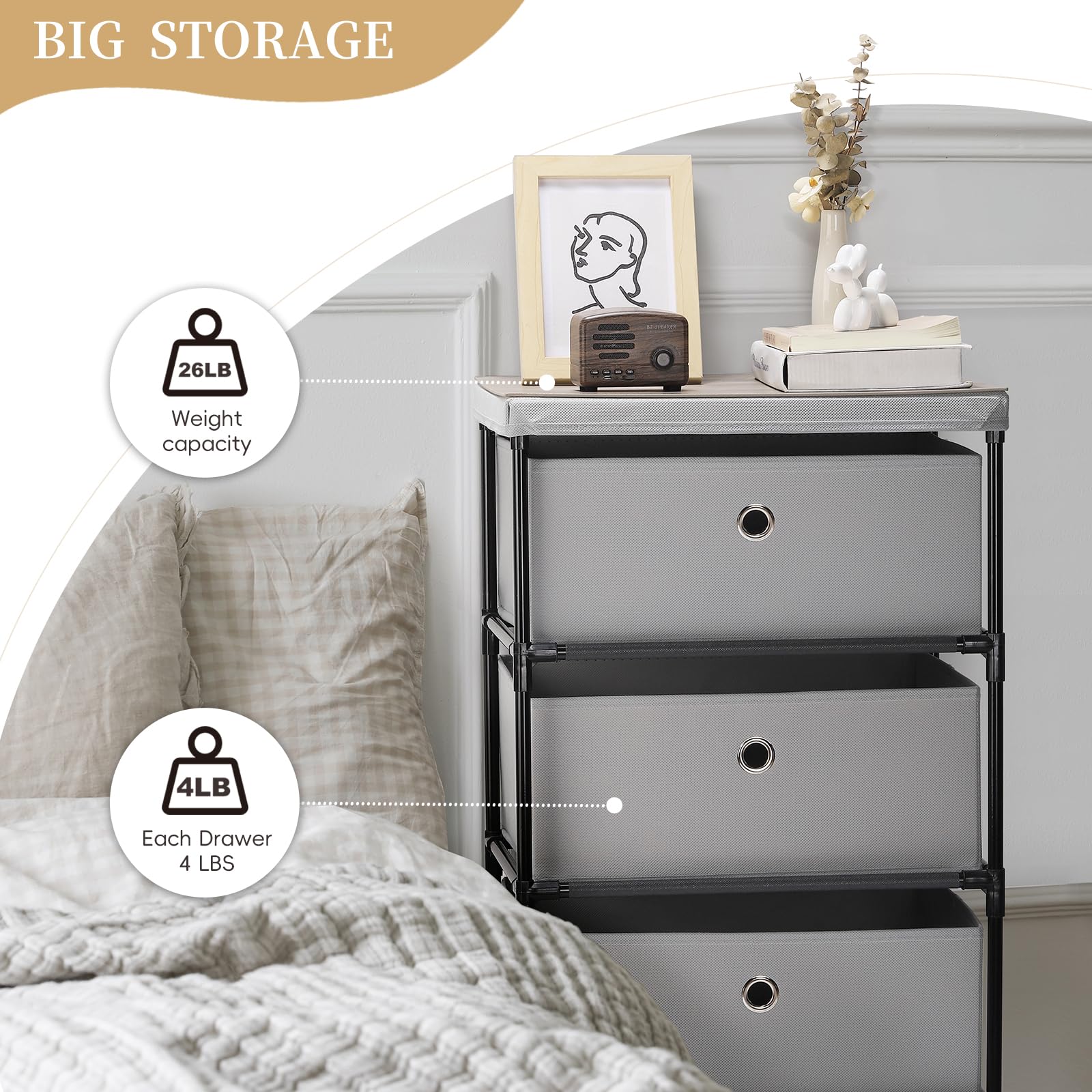 MOOACE Fabric Storage Dresser with Drawers, 4 Drawers Clothes Organizer and Storage Tower for Bedroom, Small Fabric Storage and Chest of Drawers, Light Gray