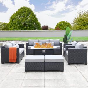 Rattaner 7 PCS Outdoor Furniture Sets 60000BTU 45-Inch Outdoor Propane Fire Pit Table Patio Furniture Set No-Slip Cushions and Waterproof Covers, Light Grey