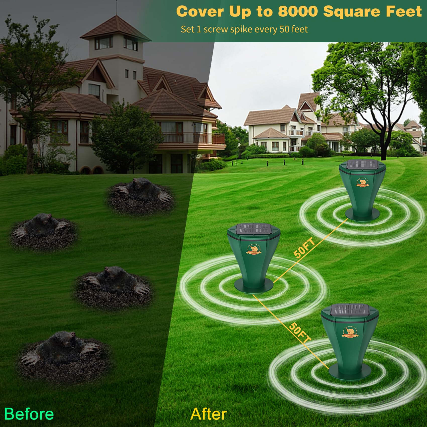 6 Pack Solar Powered Mole Repellent for Lawns, IP65 Waterproof Mole Trap Gopher Repellent