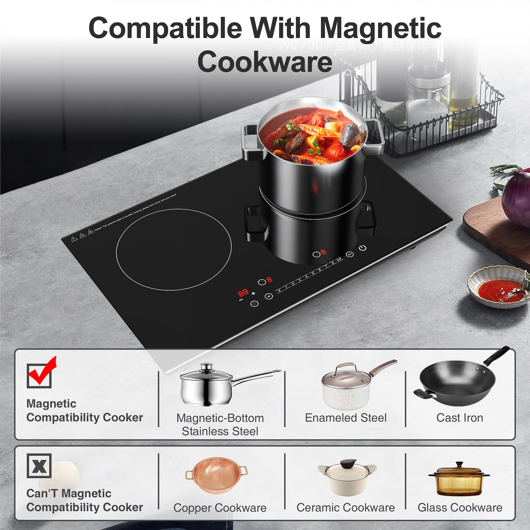 VBGK Double Induction Cooktop, 24 inch 4000W Induction stove top with hot plate,Electric cooktop with LCD Touch Screen 9 Levels Settings with Child Safety Lock & Timer 110V Induction cooktop 2 burner