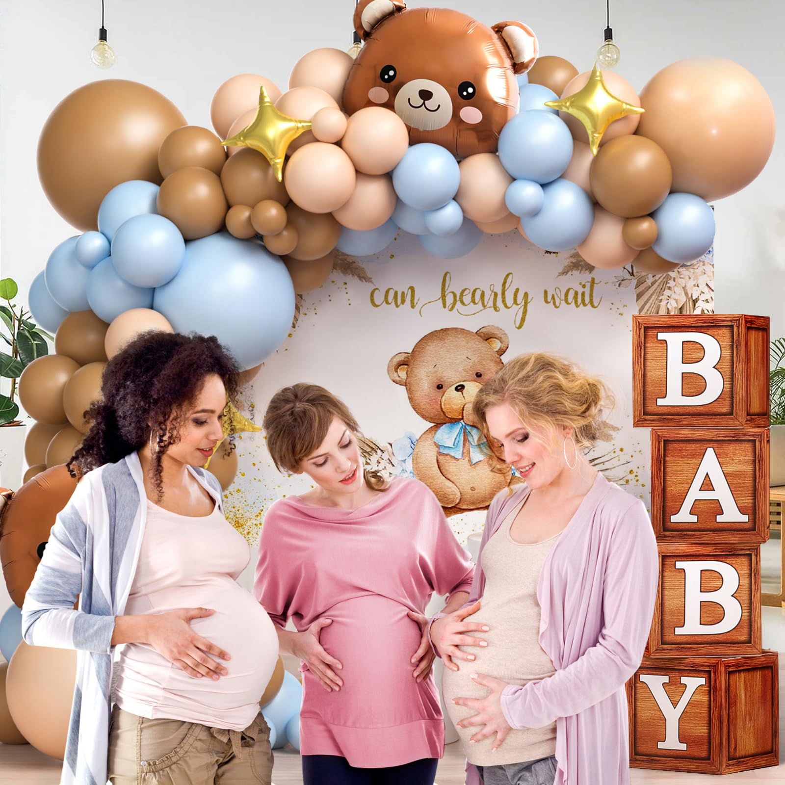 117 Teddy Bear Baby Shower Decorations for Boy Birthday Supplies Brown Blue Balloon Garland Kit Wood Grain Boxes with Letters Bearly Wait Backdrop Bear Theme Baby Shower Decor