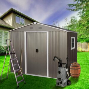 7.74' x 5.71'Outdoor Storage Shed, Steel Tool Shed with Window Floor Frame, Garden Shed Metal Outdoor Storage Clearance for Backyard Patio Lawn (Grey-with Window)