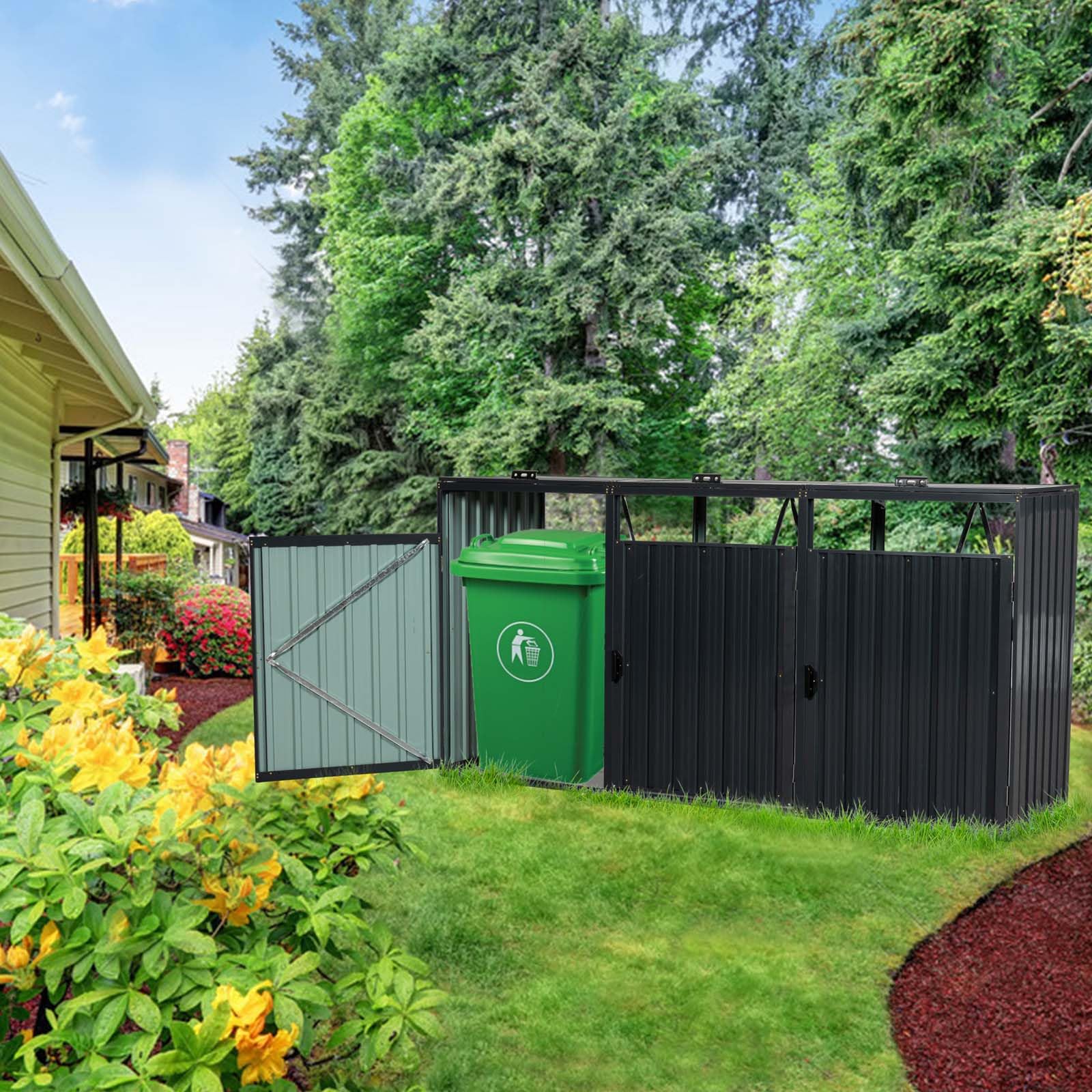 Outdoor Garbage Bin Storage Shed Stores 3 Trash Cans, Metal Bin Shed with Lockable Doors, Durable Stainless Galvanized Steel, Ventilated Bin Shed for Garden Yard Lawn, Black