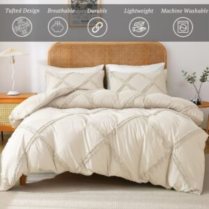 MILDLY Boho Duvet Cover Beige - Tufted Comforter Cover Set Geometric Textured Jacquard King Size Bedding Set with Corner Ties & Zipper Closure