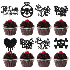 gyufise 24pcs halloween bachelorette cupcake topper glitter boo to be ring bride or die cake toppers skull heart blood glitter food picks for horror ghost engagement party decorations black