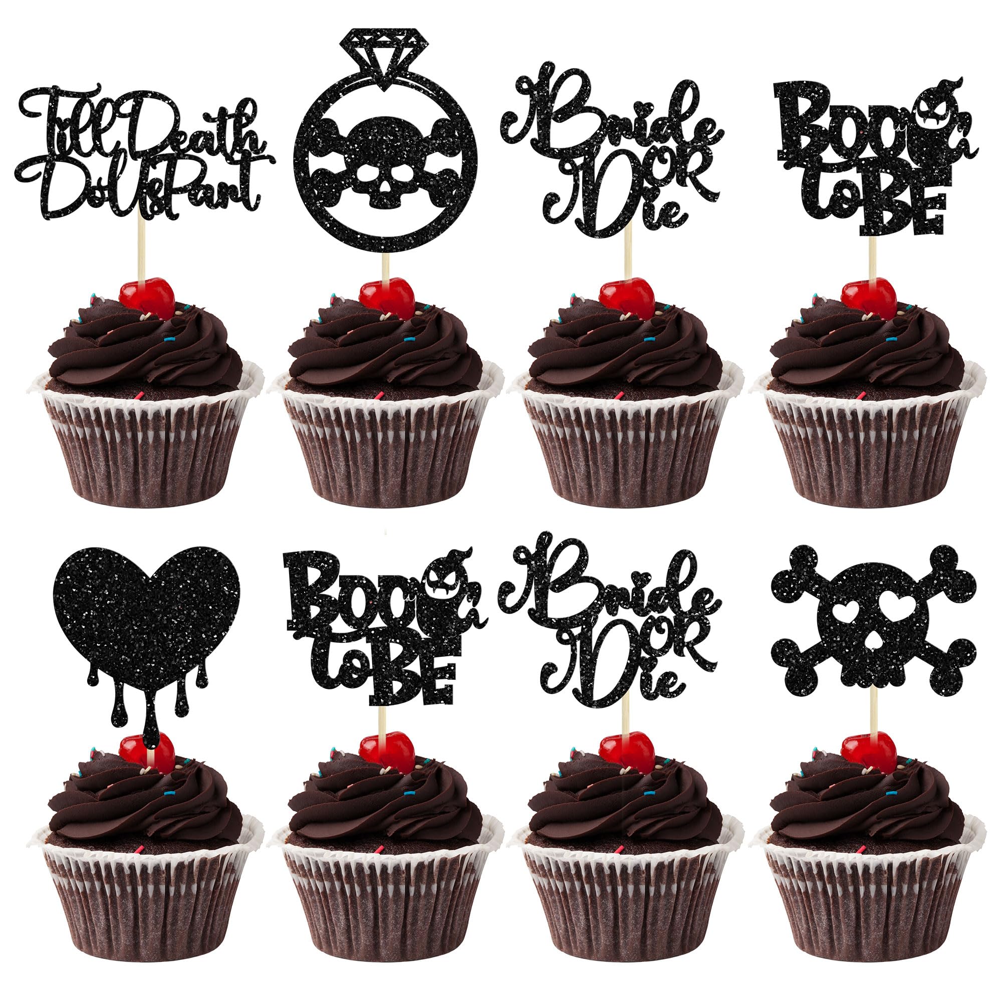 Gyufise 24Pcs Halloween Bachelorette Cupcake Topper Glitter Boo To Be Ring Bride Or Die Cake Toppers Skull Heart Blood Glitter Food Picks for Horror Ghost Engagement Party Decorations Black