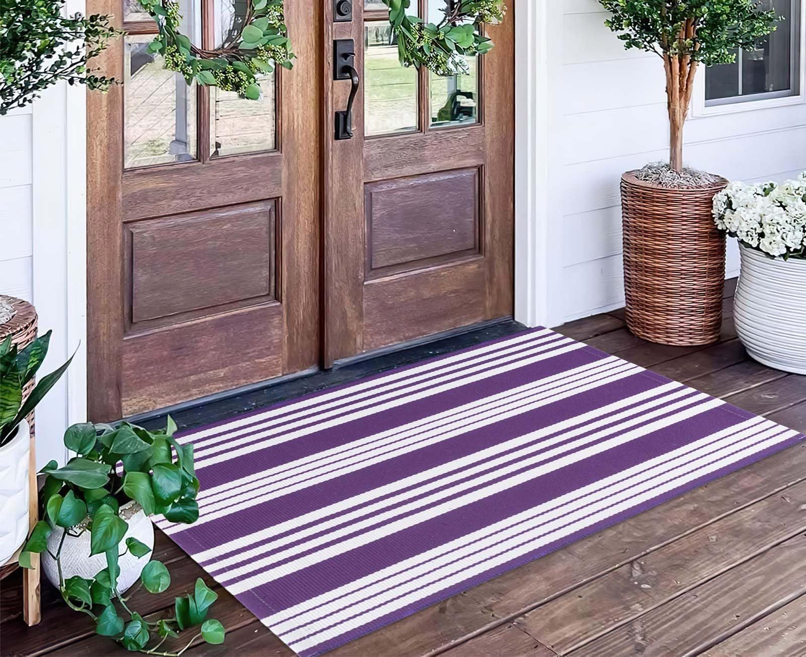 Purple and White Striped Outdoor Rug 24'' x 51''Outdoor Front Porch Rug Hand-Woven Machine Washable Indoor/Outdoor Layered Door Mats for Entryway/Bedroom/Outdoor