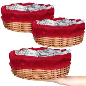 hushee 3 pack 9.1 inch round offering baskets for church wicker offering basket with removable liner church rattan basket bowls wicker woven bread basket for church receiving gift(red liner)