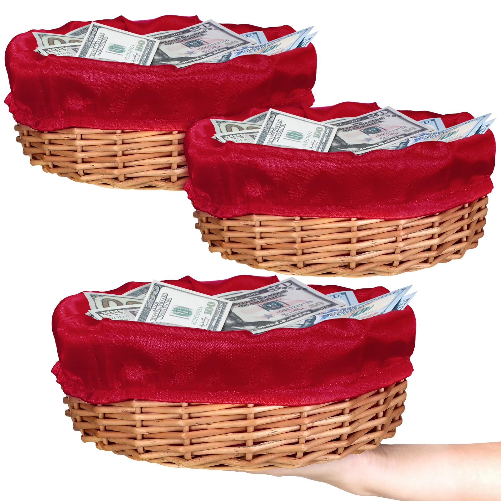 Hushee 3 Pack 9.1 Inch Round Offering Baskets for Church Wicker Offering Basket with Removable Liner Church Rattan Basket Bowls Wicker Woven Bread Basket for Church Receiving Gift(Red Liner)