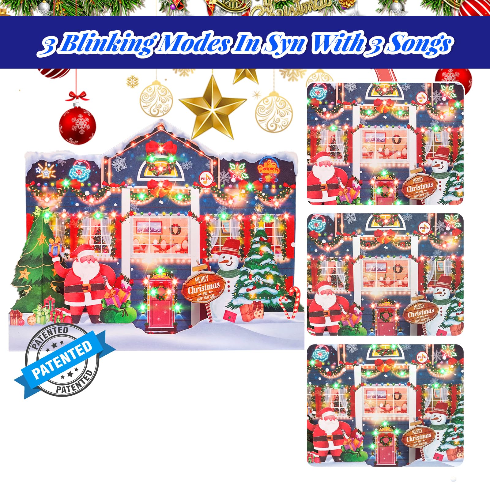 MZD8391 3D Pop Up Christmas Cards with Music & Lights, Animated Christmas Gift Card, Playing 3 Christmas Songs with 3 Matching Lights Blinking Modes (Envelope Included)