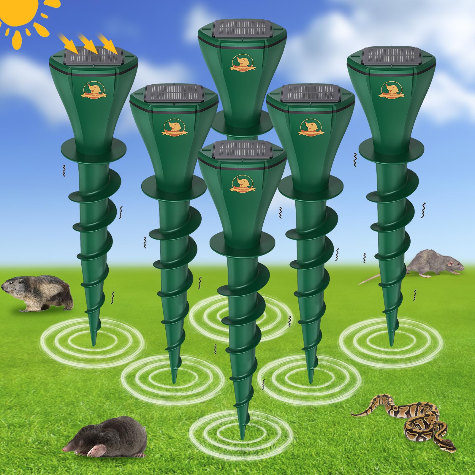 6 Pack Solar Powered Mole Repellent for Lawns, IP65 Waterproof Mole Trap Gopher Repellent