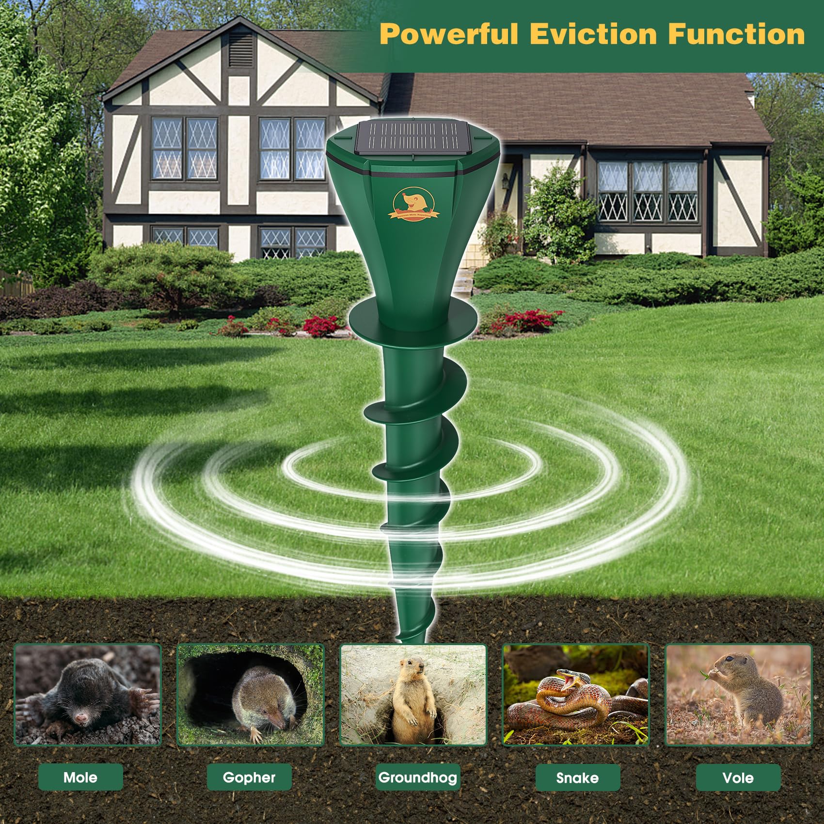 6 Pack Solar Powered Mole Repellent for Lawns, IP65 Waterproof Mole Trap Gopher Repellent