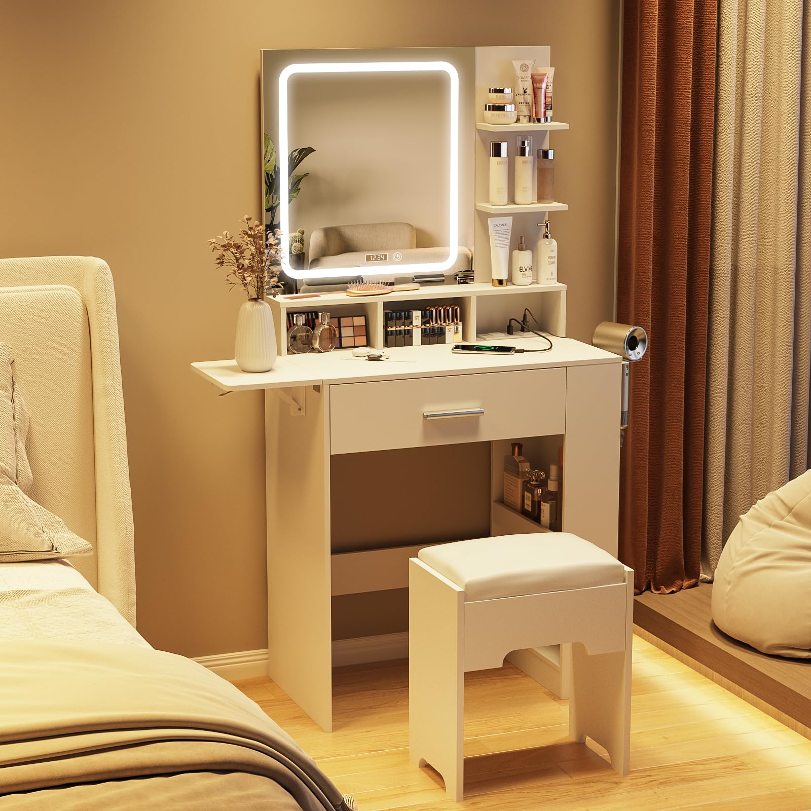 Fameill Vanity Desk with Mirror and Lights, Small Makeup Vanity with Drawer & Lots Storage Shelves, White Vanity Table with Charging Station & Time Display, Vanity Set with Chair, for Bedroom