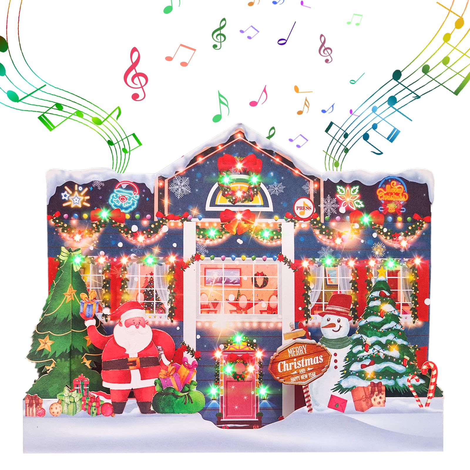 MZD8391 3D Pop Up Christmas Cards with Music & Lights, Animated Christmas Gift Card, Playing 3 Christmas Songs with 3 Matching Lights Blinking Modes (Envelope Included)