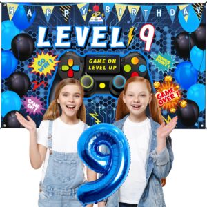 Vlipoeasn 90PCS 9th Birthday Video Game Party Decorations for Boys Set Blue 9th Birthday Supplies -9th Video Game Backdrop, Balloons, Tablecloth, Gamer and 9 Foil Balloons for 9th Birthday Party