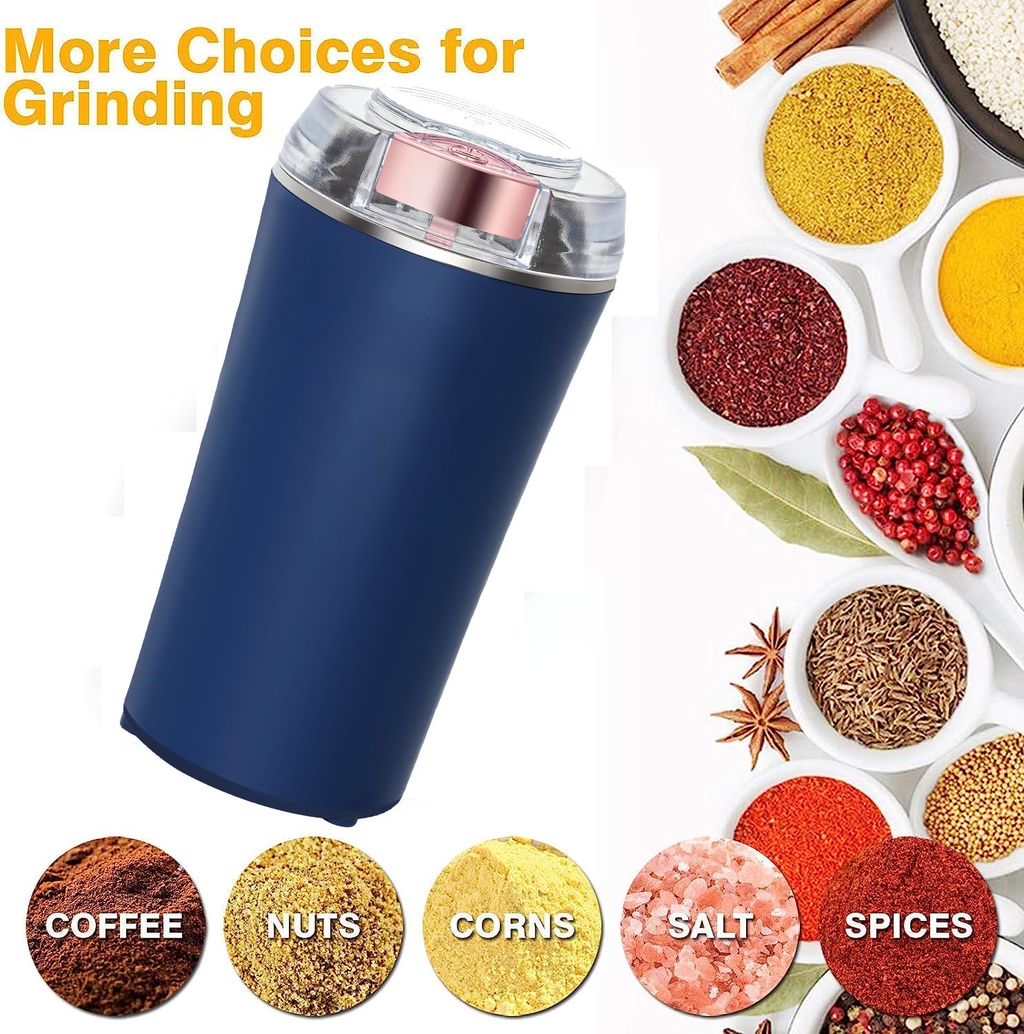 Electric Herb Grinder 200W Powerful Fast Grinding for Dry Spices Flower Buds with Brush, Easy On/Off One-Touch Push Button Powder Grinder Perfect For Herbs, Spices, Nuts, Grains and Coffee Beans