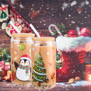 6 Pieces Christmas Can Glass 16oz Coffee Glass Cup with Bamboo Lid and Straw Santa Claus, Elk, Christmas Tree Can Glass for for Water, Juice, Milk, Beer, Whiskey, Vodka and Christmas Party