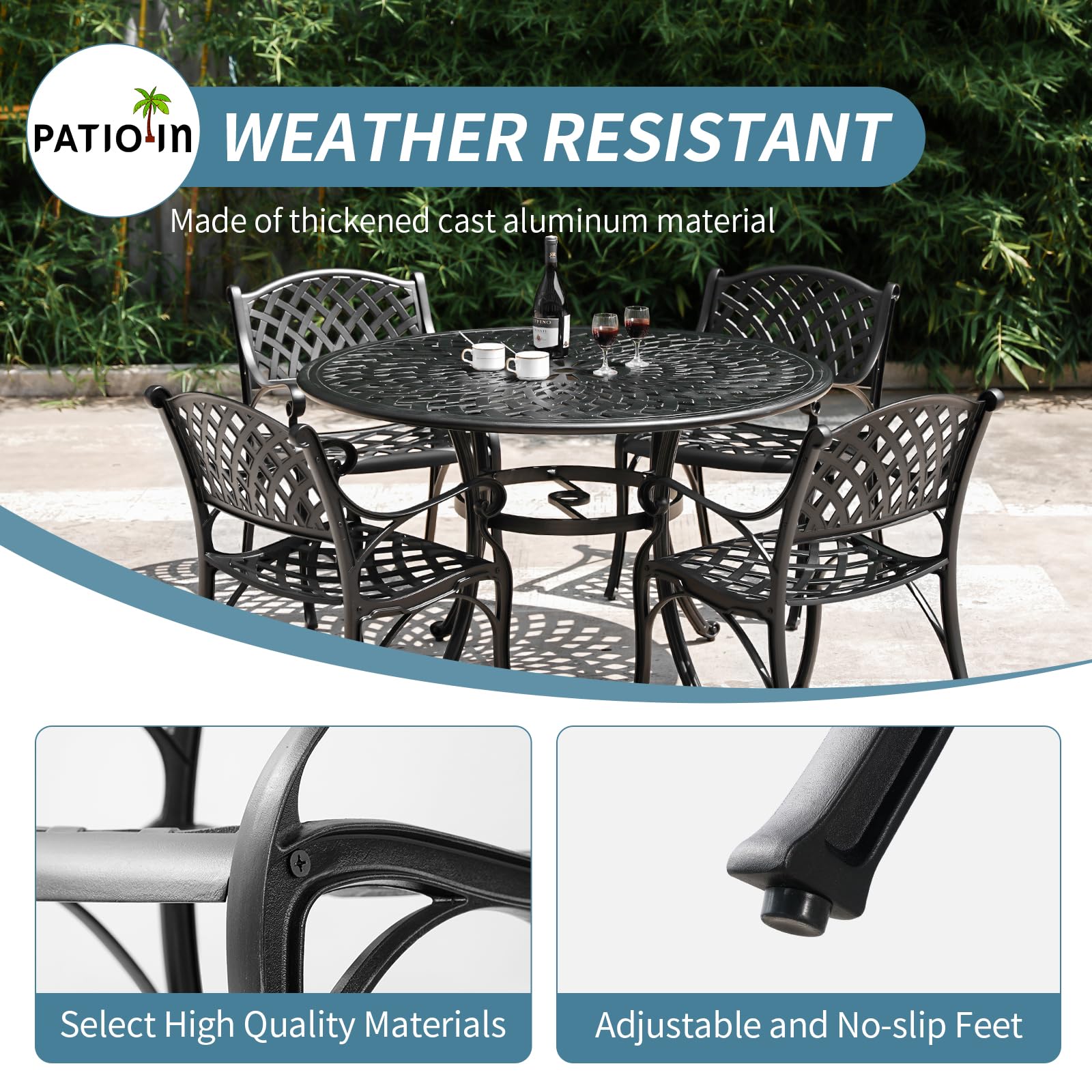 PATIO-IN 6 Pieces Patio Chairs Set of 6 All Weather Outdoor Bistro Chairs with Armrest, Cast Aluminum Metal Dining Chair Set of 6 for Outdoor Furniture Outside Garden Deck (6, Black 1) (6)