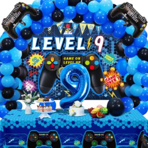 vlipoeasn 90pcs 9th birthday video game party decorations for boys set blue 9th birthday supplies -9th video game backdrop, balloons, tablecloth, gamer and 9 foil balloons for 9th birthday party