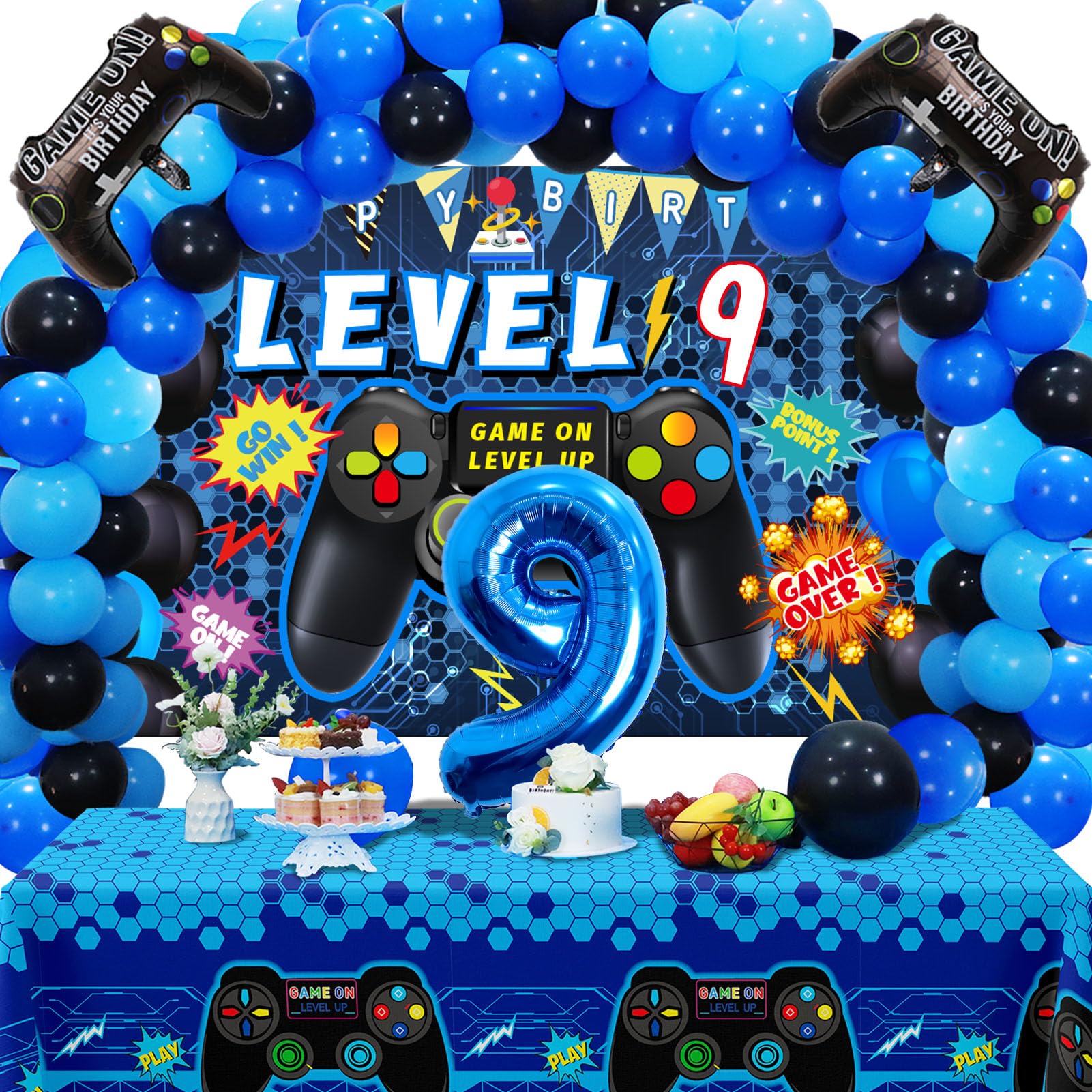 Vlipoeasn 90PCS 9th Birthday Video Game Party Decorations for Boys Set Blue 9th Birthday Supplies -9th Video Game Backdrop, Balloons, Tablecloth, Gamer and 9 Foil Balloons for 9th Birthday Party