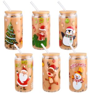 6 Pieces Christmas Can Glass 16oz Coffee Glass Cup with Bamboo Lid and Straw Santa Claus, Elk, Christmas Tree Can Glass for for Water, Juice, Milk, Beer, Whiskey, Vodka and Christmas Party