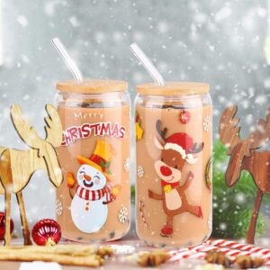 6 Pieces Christmas Can Glass 16oz Coffee Glass Cup with Bamboo Lid and Straw Santa Claus, Elk, Christmas Tree Can Glass for for Water, Juice, Milk, Beer, Whiskey, Vodka and Christmas Party