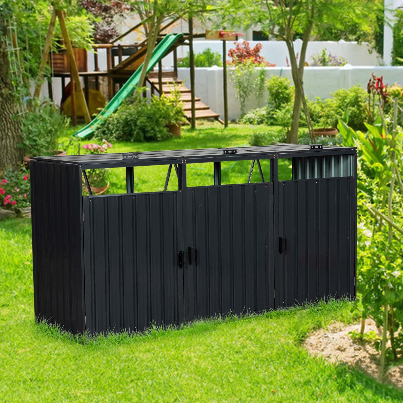 Outdoor Garbage Bin Storage Shed Stores 3 Trash Cans, Metal Bin Shed with Lockable Doors, Durable Stainless Galvanized Steel, Ventilated Bin Shed for Garden Yard Lawn, Black