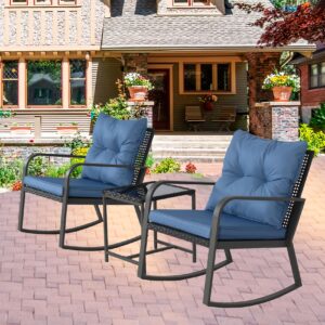 temminkii 3 pieces patio bistro set outdoor rocking chair w cushion for yard garden poolside (blue)