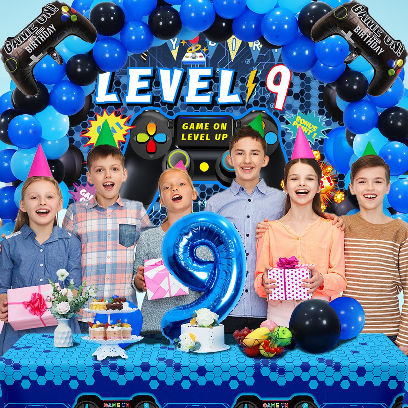 Vlipoeasn 90PCS 9th Birthday Video Game Party Decorations for Boys Set Blue 9th Birthday Supplies -9th Video Game Backdrop, Balloons, Tablecloth, Gamer and 9 Foil Balloons for 9th Birthday Party